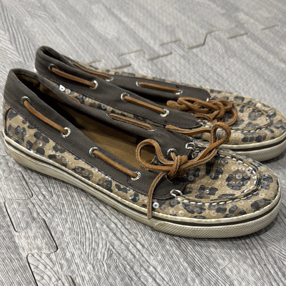 Sperry Brown and Tan Cheetah Shoes with Moccasin Toe